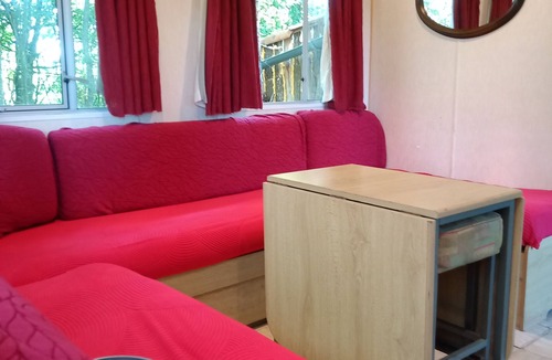 Couret House | Mobile home on a quiet wooded lot with a barbecue and outdoor table.