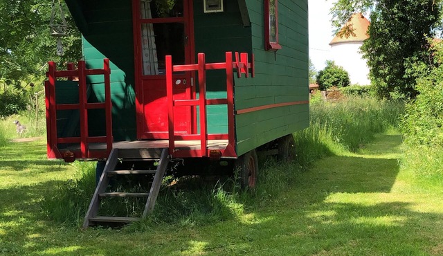 A trailer in a park, surrounded by nature.